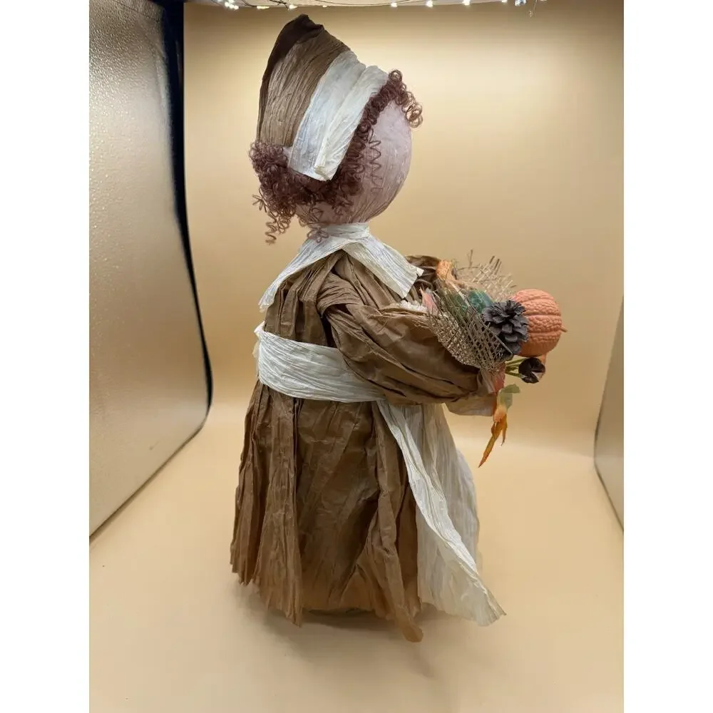 Handmade Crepe Paper Pilgrim Doll Harvest Thanksgiving Folk Art Soda Bottle 17”